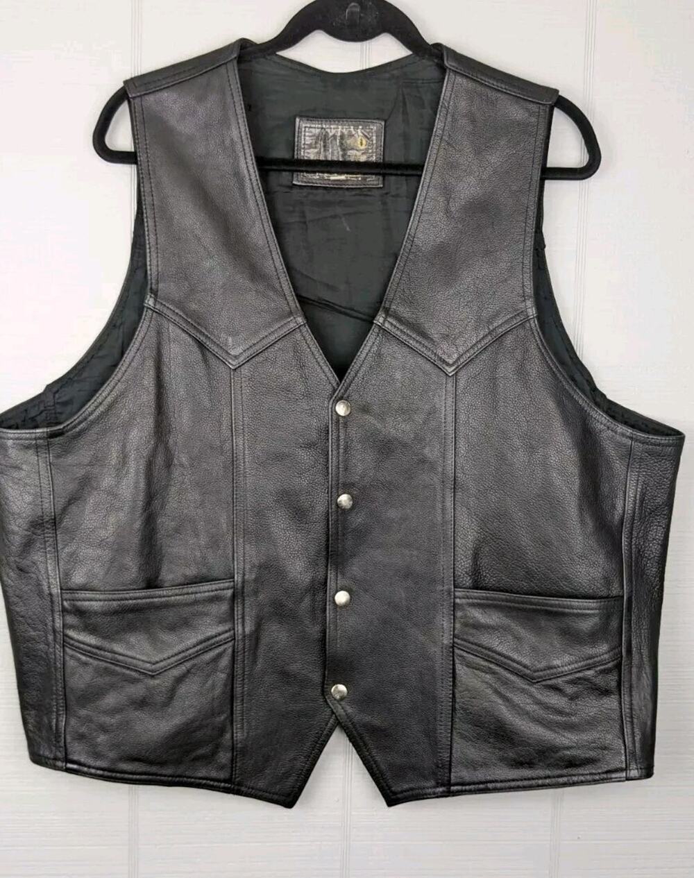 Vintage Hasbro Mens 3XL Black Leather Vest Snaps Motorcycle Biker Western XXXL
